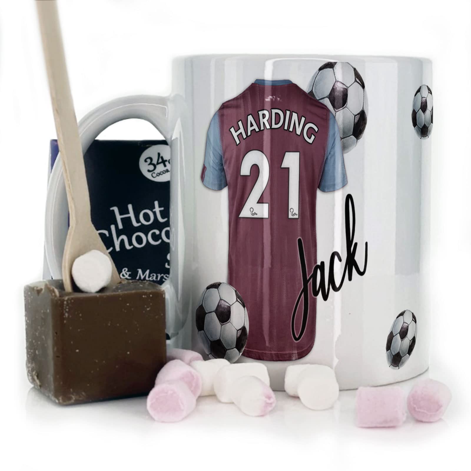 Personalised Mug and Belgian Milk Chocolate/Hot Chocolate Stirrer Marshmallow Gift Set, Customised with Name / Number / Text, (11oz) White, Blue, Black, Pink Mug with Maroon and Blue Football Shirt