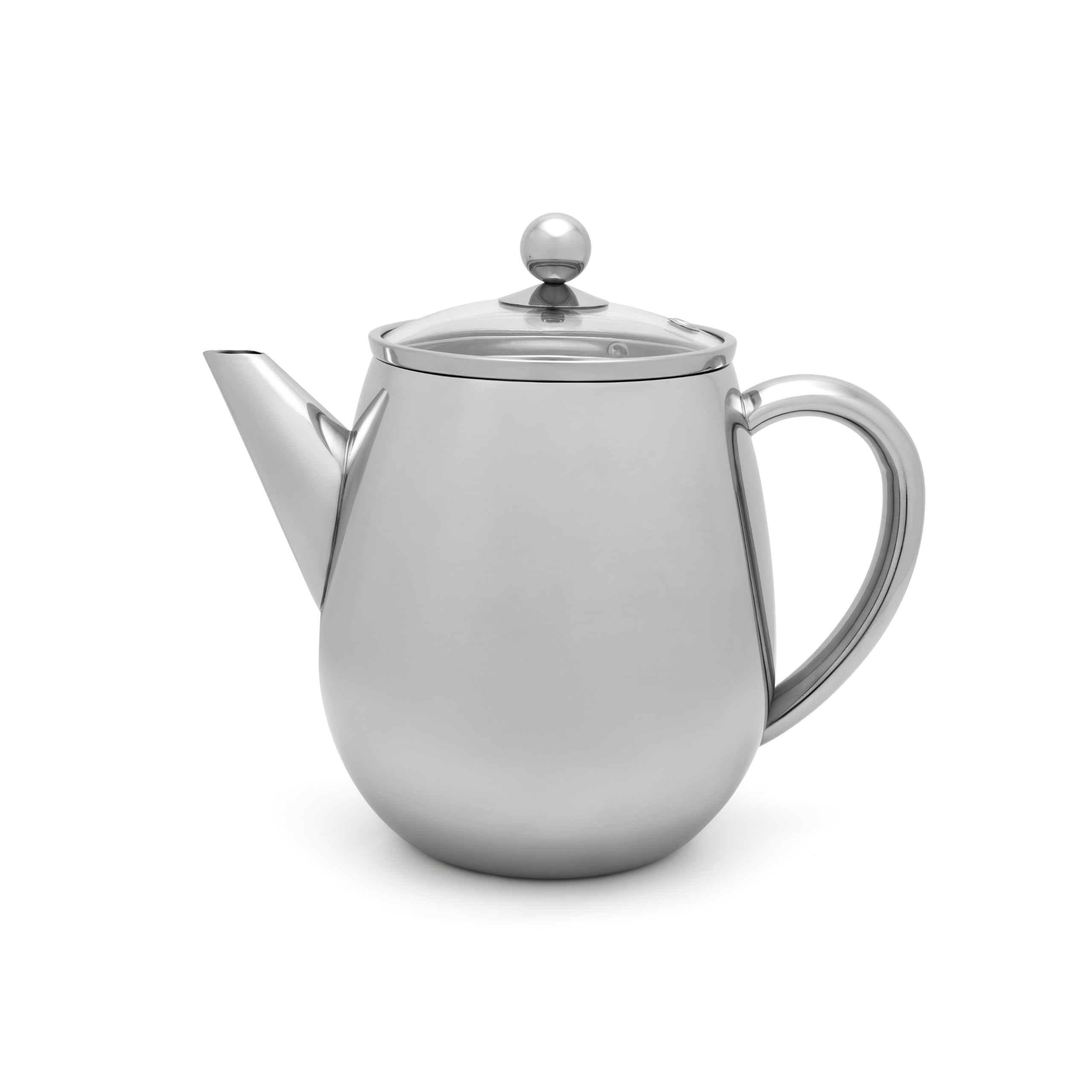 Bredemeijer Theiere Avec Infuseur, Filtre à Thé Inox, 1,1 Litres - Argent | Théière avec Infuseur Double Paroi, Théière Isotherme 1h, Couvercle en Verre, Filtre à Thé et Bec Anti-Goutte