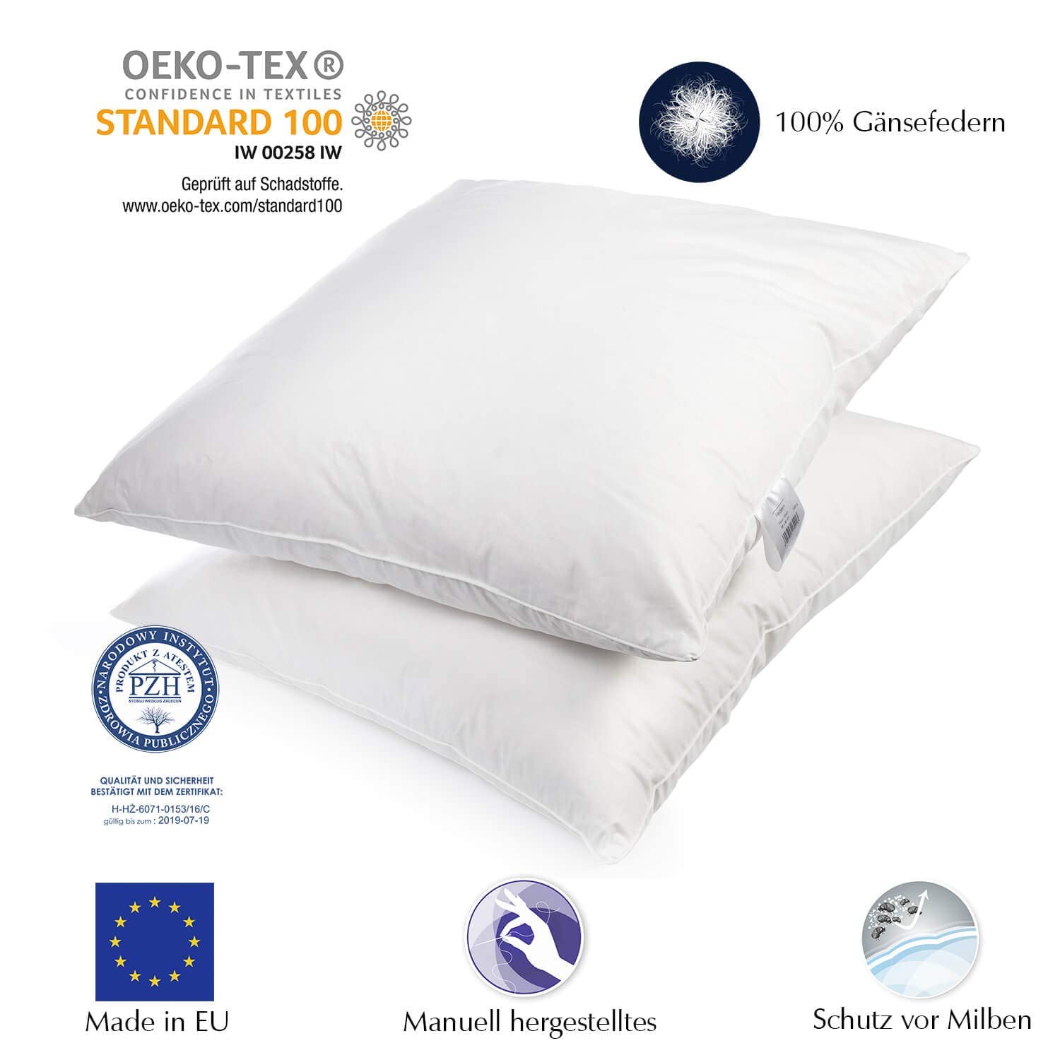 H&F Heimtextilien 2er Set Premium Qualität | Kopfkissen 80x80 cm | Füllung: 1500 Gramm Federn, Gänsefedern | 100% Natur Kissen | Bezug: 100% Baumwolle | Federkissen 80 x 80 cm
