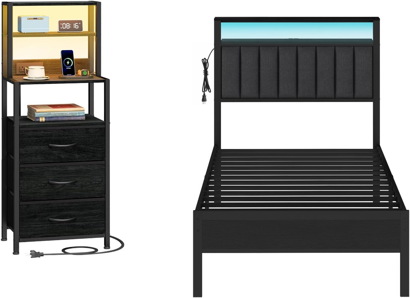 Furnulem Twin Size Bed Frame with Charging Station and LED Lights+Bed Side Tables with 4-Tier Shelves