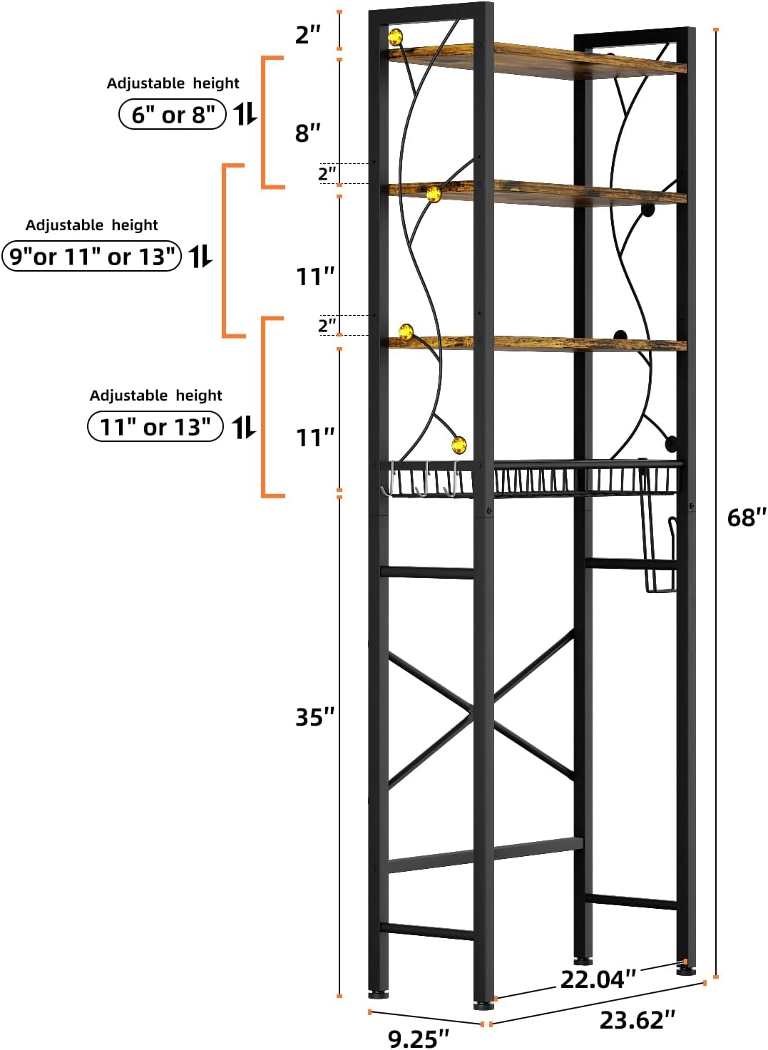 Over-The-Toilet Storage Rack, 4-Tier Bathroom Organizer Shelf Over Toilet with Adjustable Shelf and Basket, Freestanding Space Saver Bathroom Shelves Above Toilet for Room (Rustic Brown) - Image 2