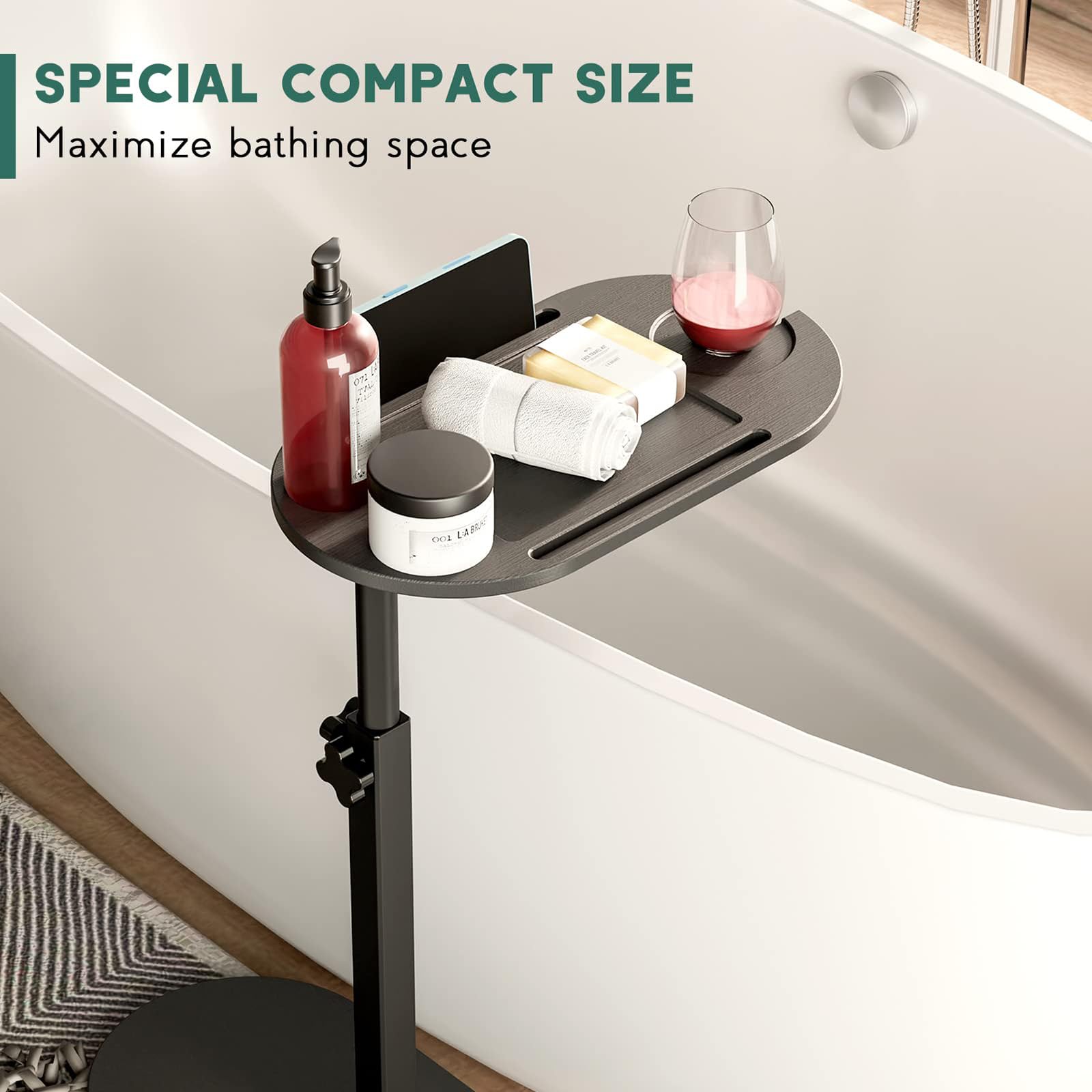 Tavolo Vassoio per Vasca da Bagno in bambù con Altezza Regolabile, Contenitore per Vasca da Bagno freestanding con Base in Metallo, Regalo Doccia per Le Donne,Nero