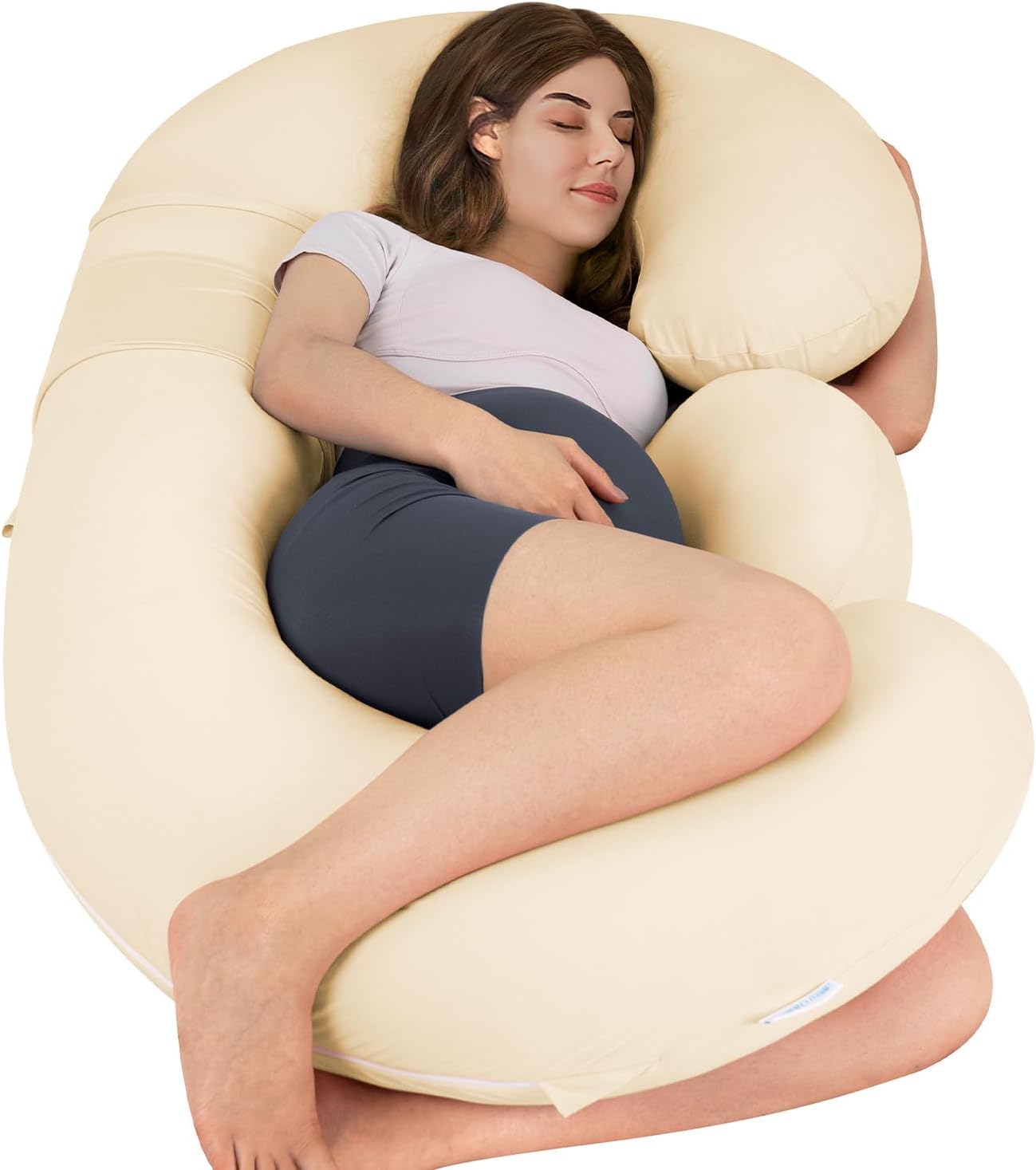 QUEEN ROSE Cooling E Shaped Pregnancy Pillows, Detachable Body Pillow for Sleeping, with Pregnancy Wedge Pillow for Belly Support, Cooling Rayon Cover,Beige Versatile - Neutral Beige Detachable