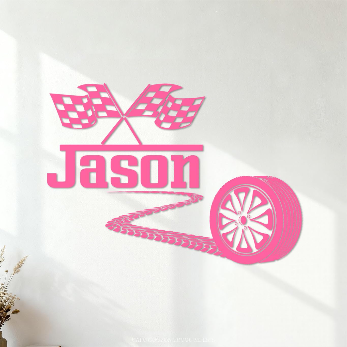 Fine Carving Stickers Racing Tire Checkered Flag Wheel Racing Flag 51x71.6cm Art Decoration Pink โ image 1