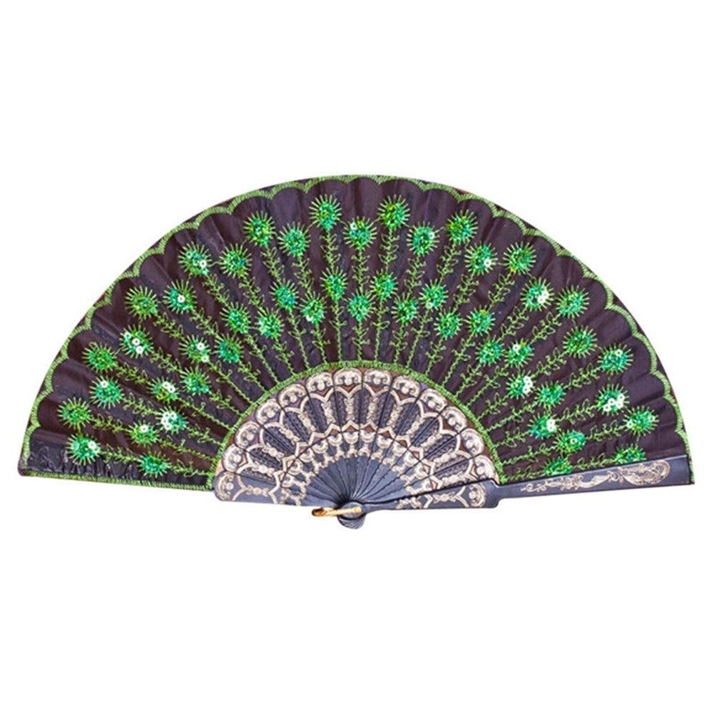 NZPOST Folding fan Peacock Pattern Folding Hand Held Fan Embroidered Sequin Party Wedding Prom Chinese Spain Hand Fan Folding fan (A)