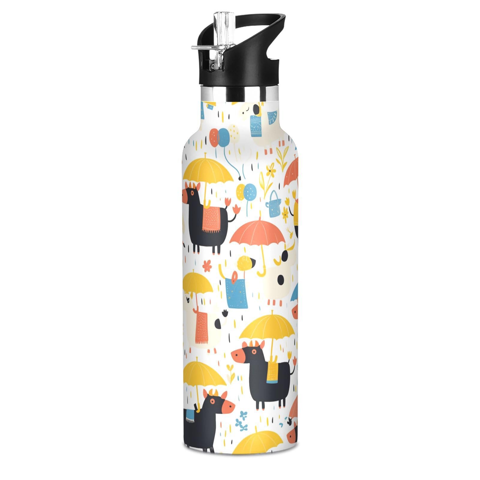 Kaaviyo Boys Pattern Adorable Cows Rainy Art Water Bottle Stainless Steel Jug Insulated Vacuum Cup For Girls(600Ml)