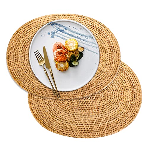 OwnMy Set mit 2 gewebten ovalen Rattan-Tischsets 40,6 x 30,5 cm, ovale Rattan-Tischsets aus natürlichem Weidengeflecht, ovale Bambus-Tischsets für Geschirr, Esstisch, Küche, Zuhause, Tischsets Cover