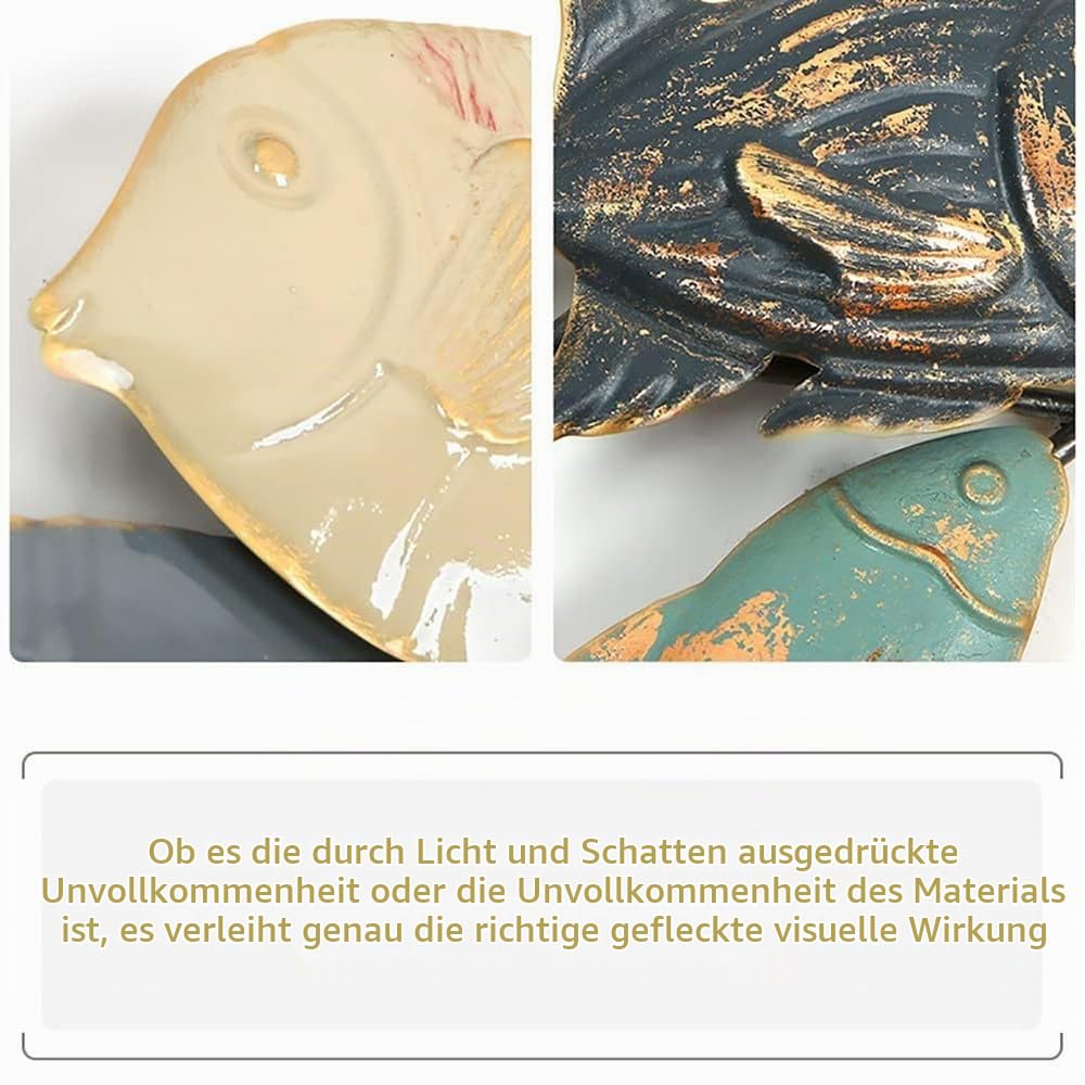FLYUFO Metall Wanddeko - Fisch Wandkunst, Metall Wandobjekt Kreise, Metallbild 3D, Fischform Metallwanddekoration für Schlafzimmer, Wohnzimmer, Hausgarten