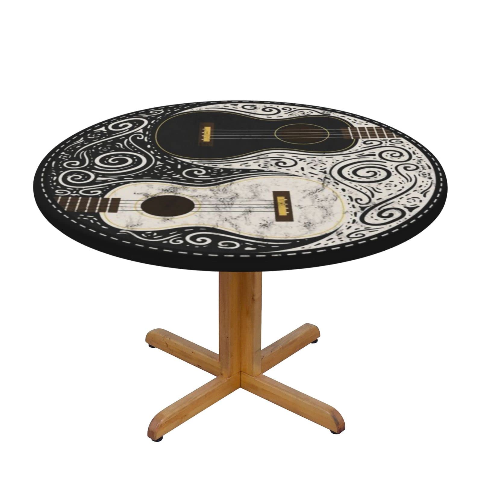 Lsjuee Round Fitted Tablecloth 40-44in Elastic Edged Table Cloth for Kitchen Dining Party Home Decor - Yin Yang Guitar Texture Black
