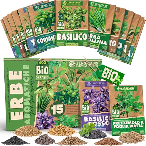 ZenGreens® - Set di semi di erbe bio - 15 varietà per una facile coltivazione in giardino, balcone o aiuola rialzata - Erbe aromatiche -Sementi di verdure