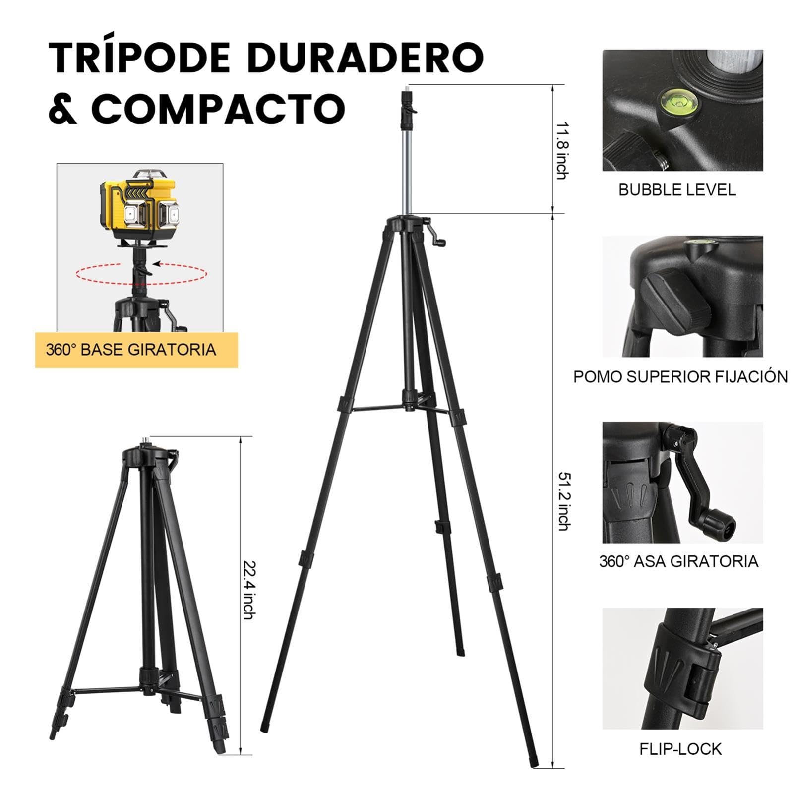 Nivel Laser Autonivelante 4 x 360° - cjumel 4D 16 líneas Verde Nivel Láser Multifuncional Laser Level con 1.6M Tripode, Mando a Distancia, 5400 mah Batería