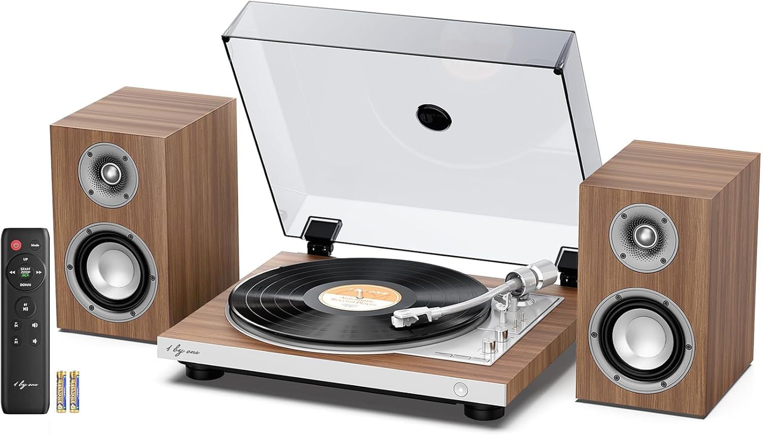 1 BY ONE Fully Automatic Record Player, HiFi Vinyl Turntable with Automatic Repeat Function, Bookshelf Speakers, Remote Control, Built-in Phono Preamp & DSP, AT-3600L Cartridge, Belt Drive 2-Speeds