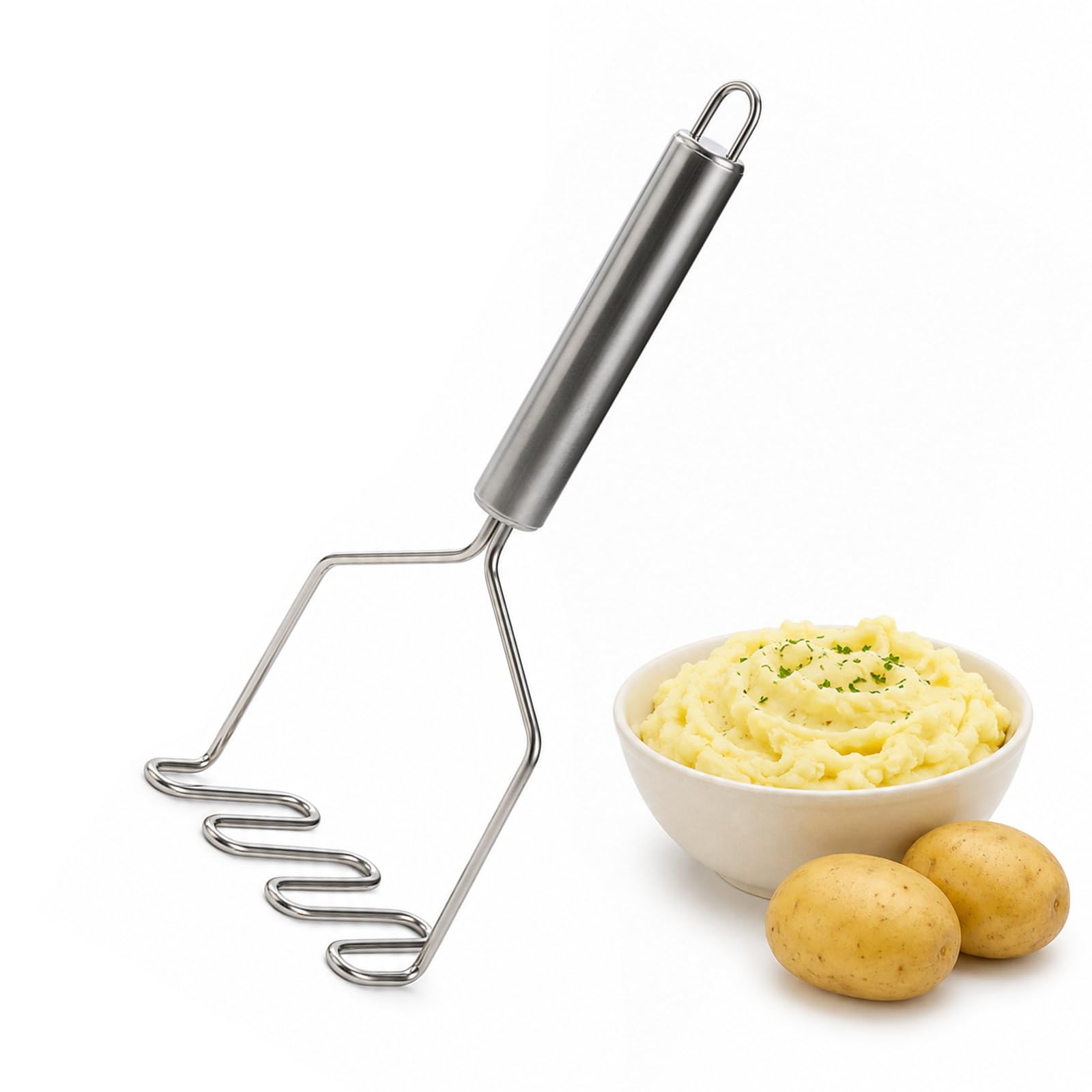 Wire Stainless Steel Potato Masher, Silver Metal Line Handle Potato Mashers, Rust Proof Manual Mashing Tool for Kitchen Making Mashed Vegetables & Fruit Puree