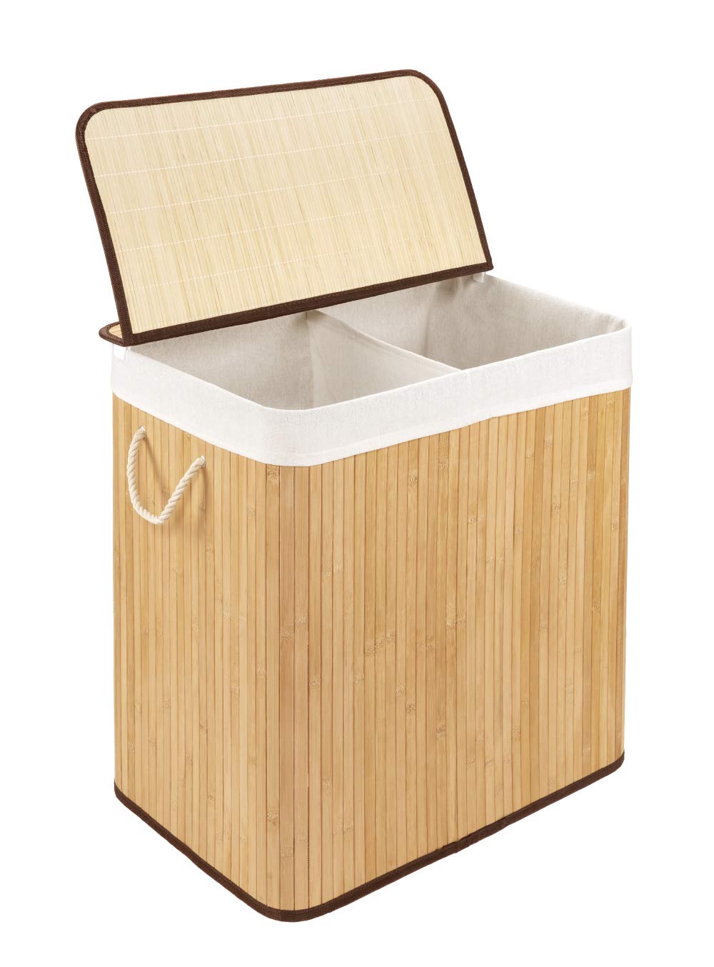 Cesto per il bucato con coperchio e 2 scomparti - robusto contenitore per il bucato in bambù - cesto per il bucato naturale con sacchetto per il bucato, lavabile - 100% bambù - 150 litri | Sacco portabiancheria rimovibile, 2 manici