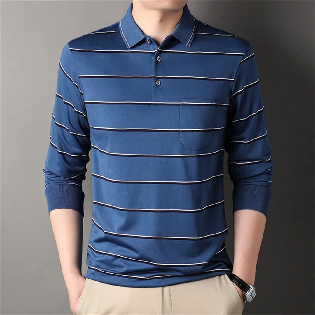 Polo a rayas para hombre, cuello vuelto, bolsillos, manga larga, suéter suelto