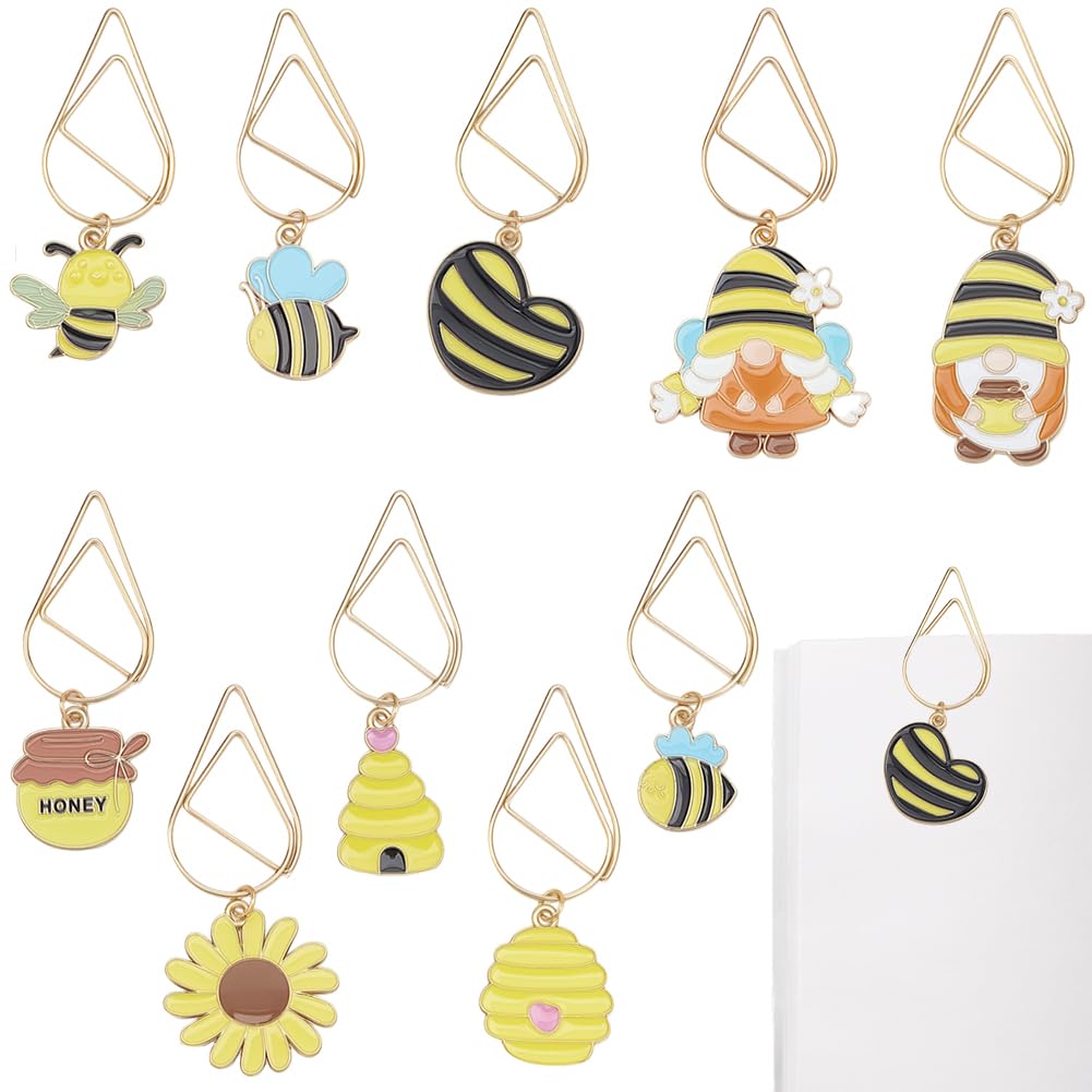 CRASPIRE 10 Styles Bees Paper Clips Bookmarks Metal Paper Clip Honey Honeycomb Dwarf Heart Flower Yellow Reading Reader Pendant Charm Gold Book Mark for Women Teacher Paper Document Sorting Organizing