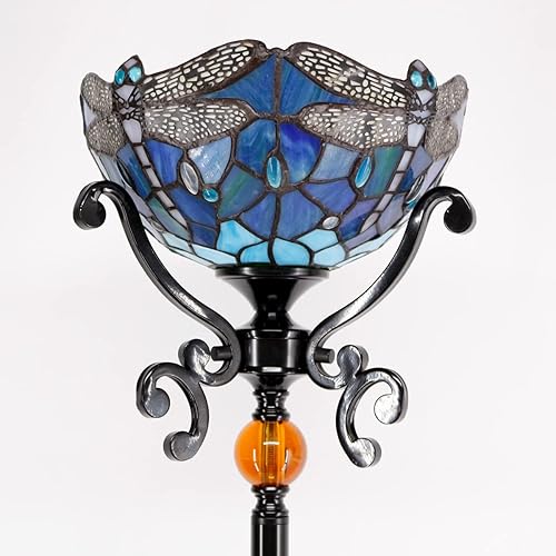 Miniatura 2 de Tiffany - Lámpara de pie de vidrio de teñido con libélula azul, luz de poste de pie en esquina vertical W10H70 pulgadas, base negra de metal, 1