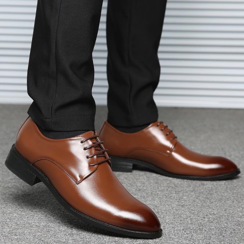 Men's Shiny Patent Leather Dress Shoes Hand Stitched Business Formal Derby Shoes Mens Breathable Comfortable Business Lace Up Oxford Shoes(Brown,7.5)2