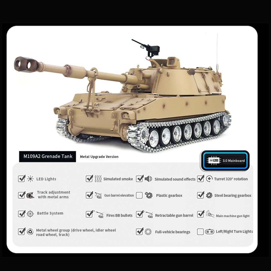 Czołg RC 1/16 2,4G RC M109A2 symulacja czołgu model pojazdu wojskowego z dynamicznym odrzutu i efektami dymu, idealny dla entuzjastów (wersja metalowa)
