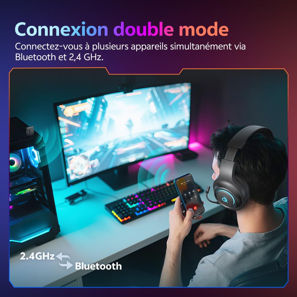 QCY Casque Gaming,Casque sans Fil 2,4 GHz pour PS5,PS4,PC,Switch,réduction de Bruit Amovible avec Micro,Son Surround 7.1,autonomie de 240 Heures,lumières RVB - Noir