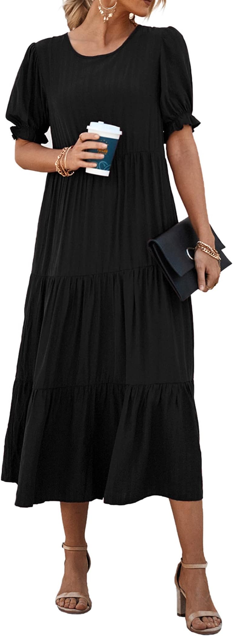 PRETTYGARDEN Summer Dresses for Women 2026 Casual Floral Boho Midi Sun Dress Puff Short Sleeve Flowy Beach Vacation Sundress