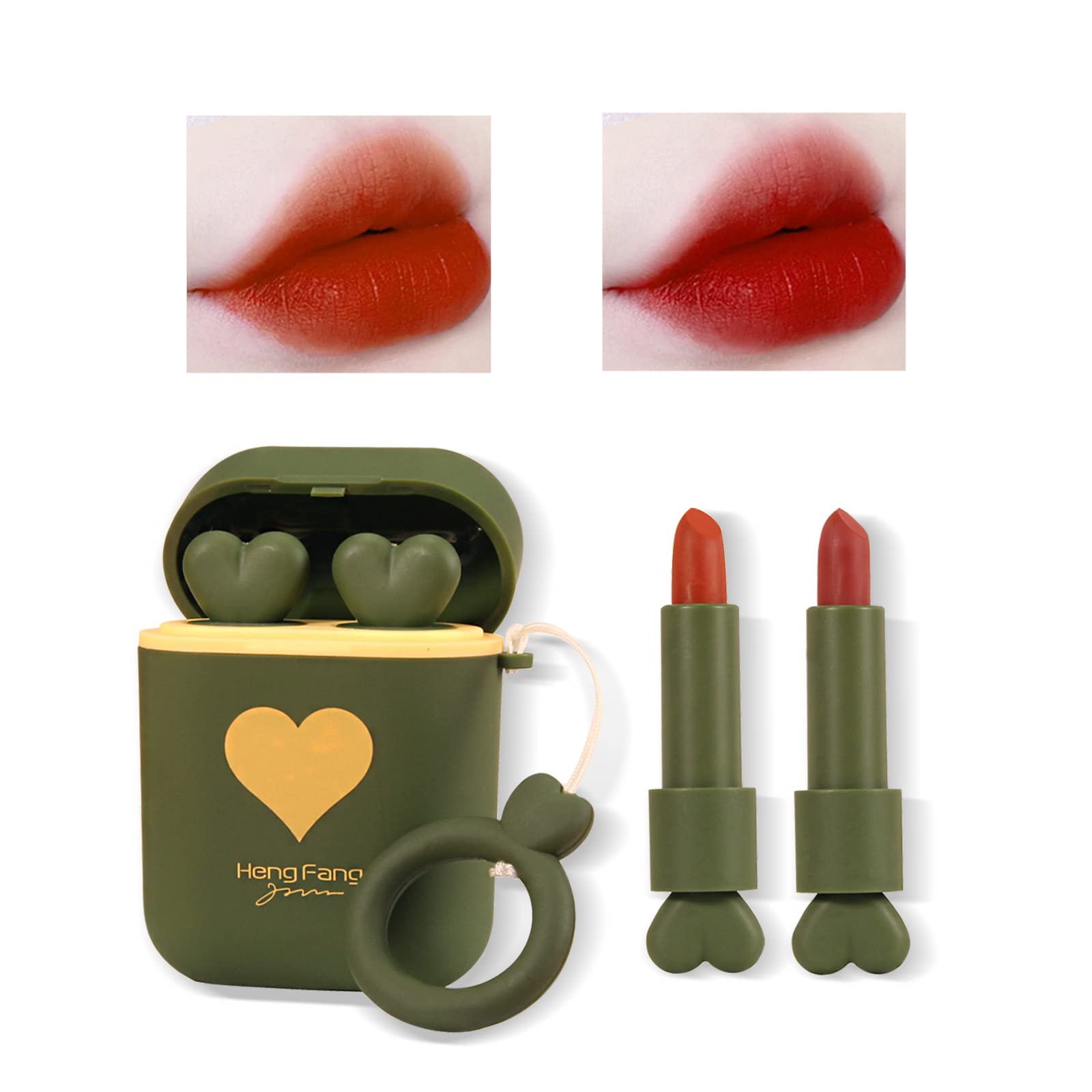 LAMUSELAND Matte Lipstick, 2Pc/Set Waterproof Long Lasting Moisturizing lip stain Earphone Dual-color Lip Gloss Primer, Non-stick Cup Lip Make Up Gift Kit for Girls (Green)