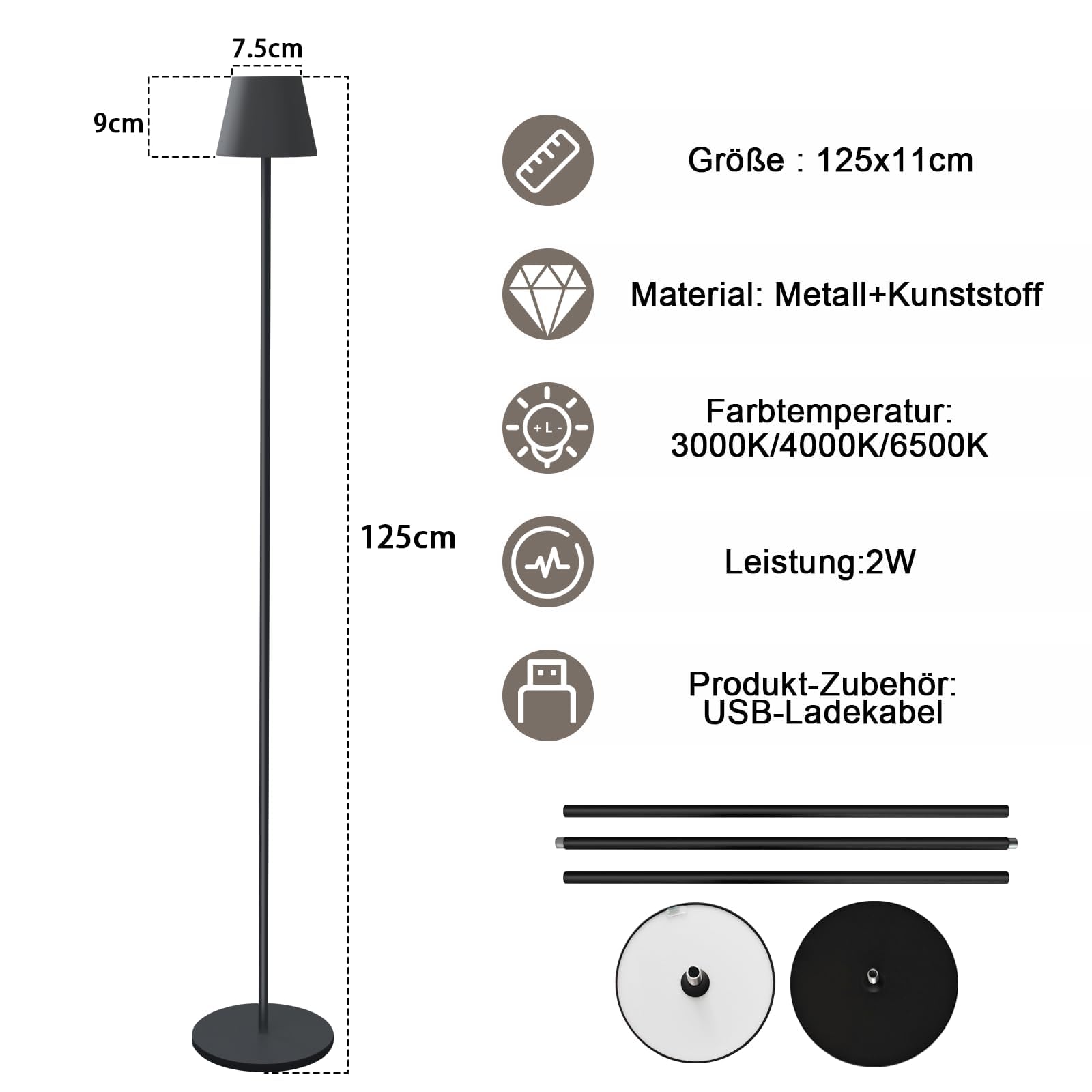 Homefire LED Stehlampe Dimmbar Wohnzimmer Stehleuchte 2ER: Schwarz | Standleuchte Modern USB Akku Steh lampe mit 3 Farbtemperaturen 3000K-6500K für Schlafzimmer Arbeitszimmer und Büro