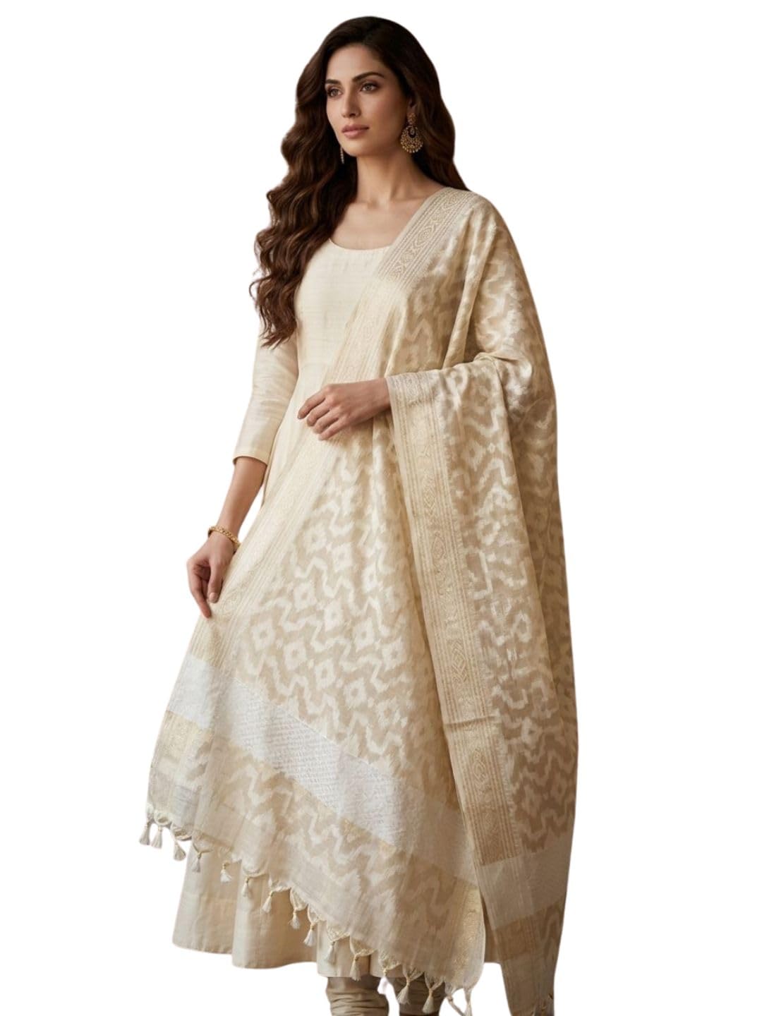 dupatta bazaar Women's Woven Jaal Banarasi Cotton Blend Dupatta | Floral Jaal Woven Design Tasselled Border Ethnic Wear Dupatta for Traditional Festive Wedding (2.4 Meter, Cream)-picture-19
