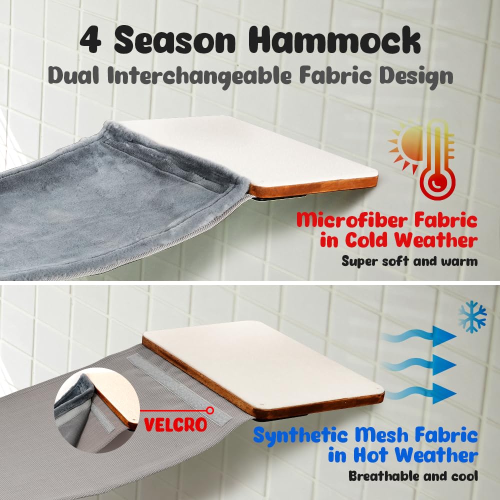 Hamaca de pared para gatos con diseño de doble tela, cama resistente para gatos grandes, puente para gatos y percha de pared para gatos con marco de metal y estante de madera para un descanso