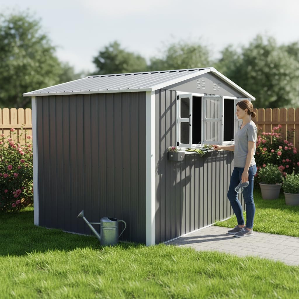 Gartenhaus Metall 275,7x181,7cm Geräteschuppen mit 2 Fenstern und Blumenregal Doppeltüren Wasserdicht für Garten Terrasse
