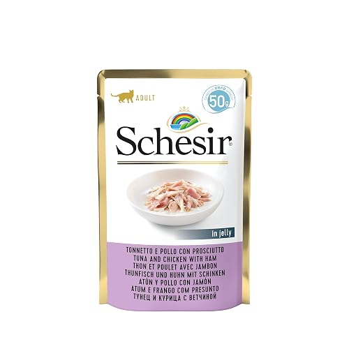 Schesir, Alimento Húmedo para Gatos Adultos Atún con Pollo Y Jamón, En Suave Gelatina - (30 Bolsas De 50g)