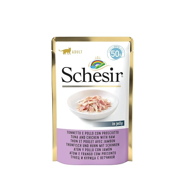 Schesir, Alimento Húmedo para Gatos Adultos Atún con Pollo Y Jamón, En Suave Gelatina - (30 Bolsas De 50g)