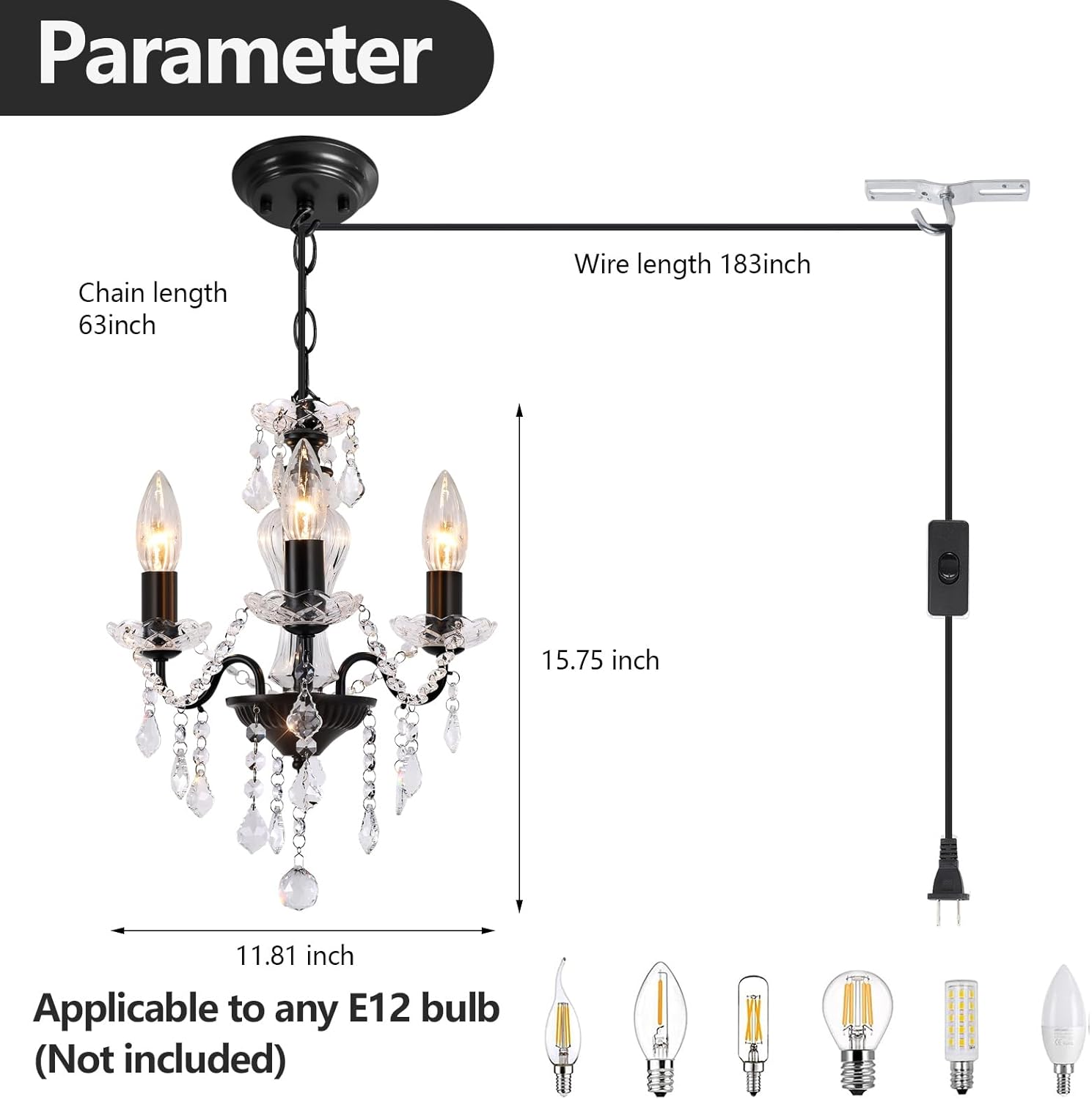 Plug in Chandelier with Glass Crystals, 3-Light Black Miniature Crystal Chandelier, Modern Antique Pendant Light for Small Spaces, Bedroom Kitchen Island Entryway Covered Patio, E12 Base
