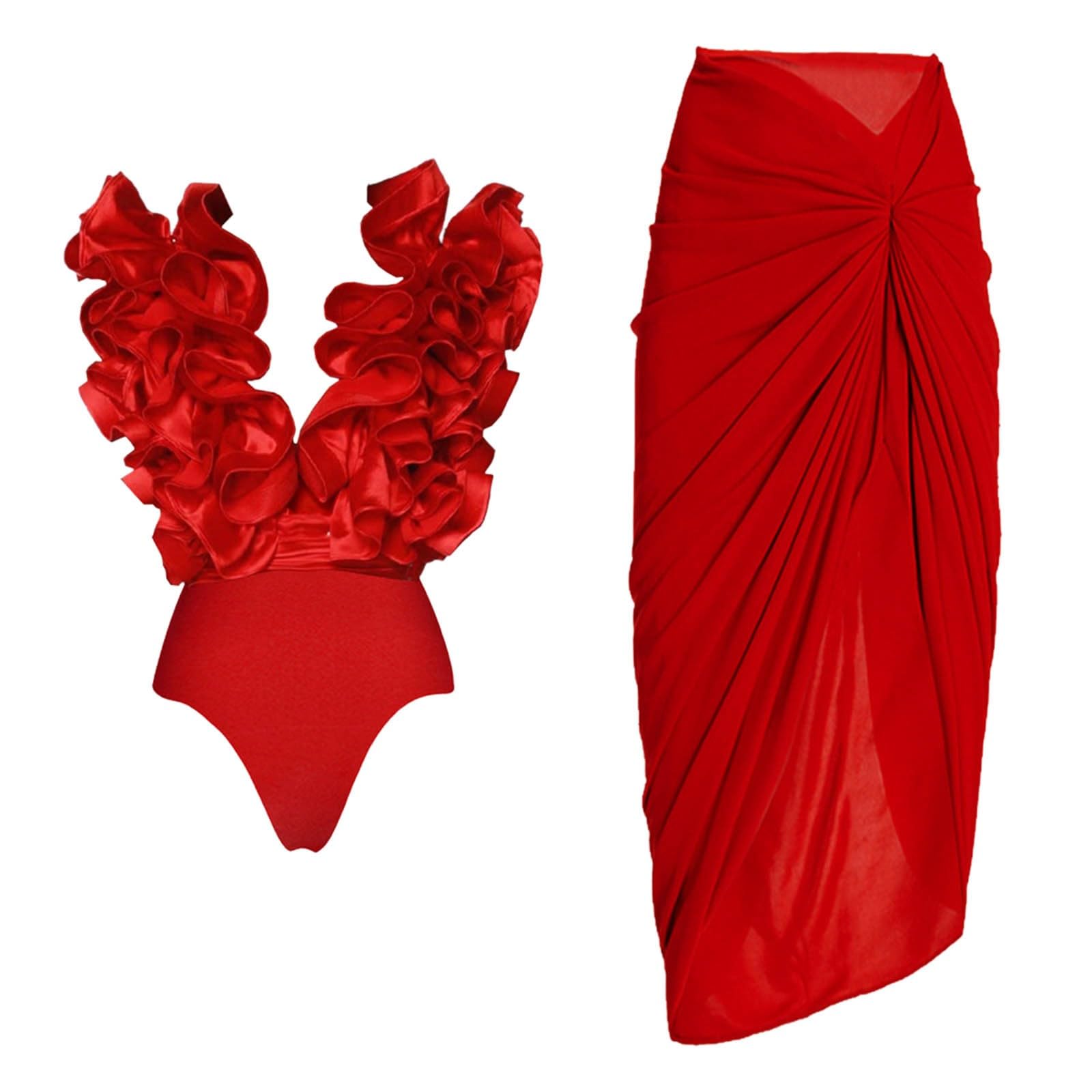 Bañador de una Pieza Espalda Descubierta Reductor Playa Piscina Conjunto de Traje de baño con Falda Irregular y Escote en V de Encaje para Mujer