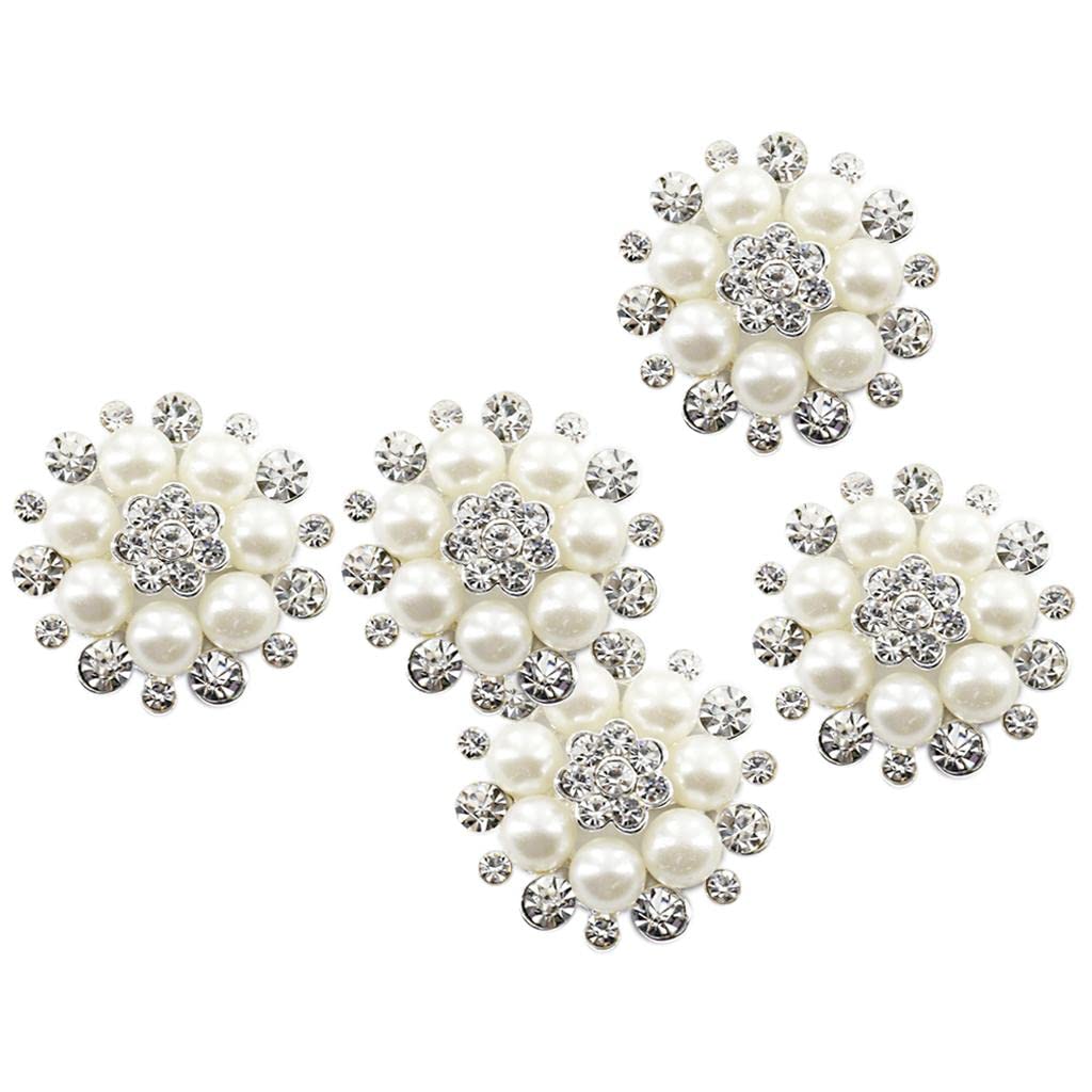 Sharprepublic Beige,Silver 5Pcs/Set Diamante Rhinestone Pearl Flower Decorative Shank Button For Sewing On Clothing Costume Bag 30Mm
