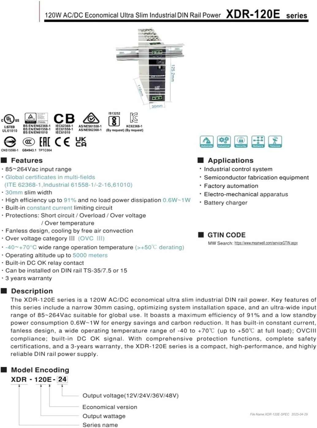 XDR-120E XDR-120E-12 XDR-120E-24 XDR-120E-36 XDR-120E-48 120W AC/DC Switching Power Supply(XDR-120E-36)
