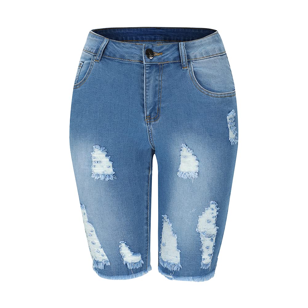 THUNDER STAR Women's Denim Bermuda Shorts - Mid Rise Knee Length Raw Hem Jean Shorts - View #8
