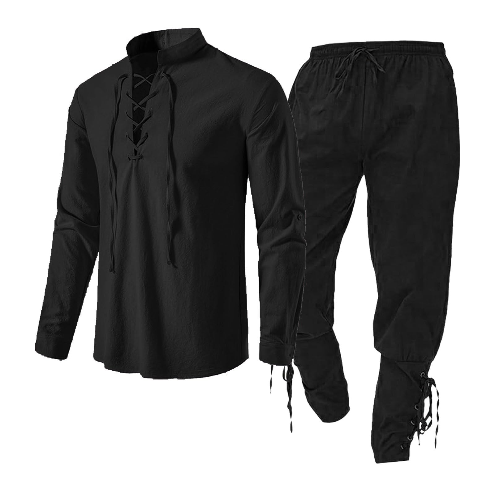 Medieval Men's Clothing Set, Linen Shirt and Pants with Ankle Straps Viking Costume Set Lace Up Tunic Top Outfit for Theme Parties Renaissance Fairs (Black, L)