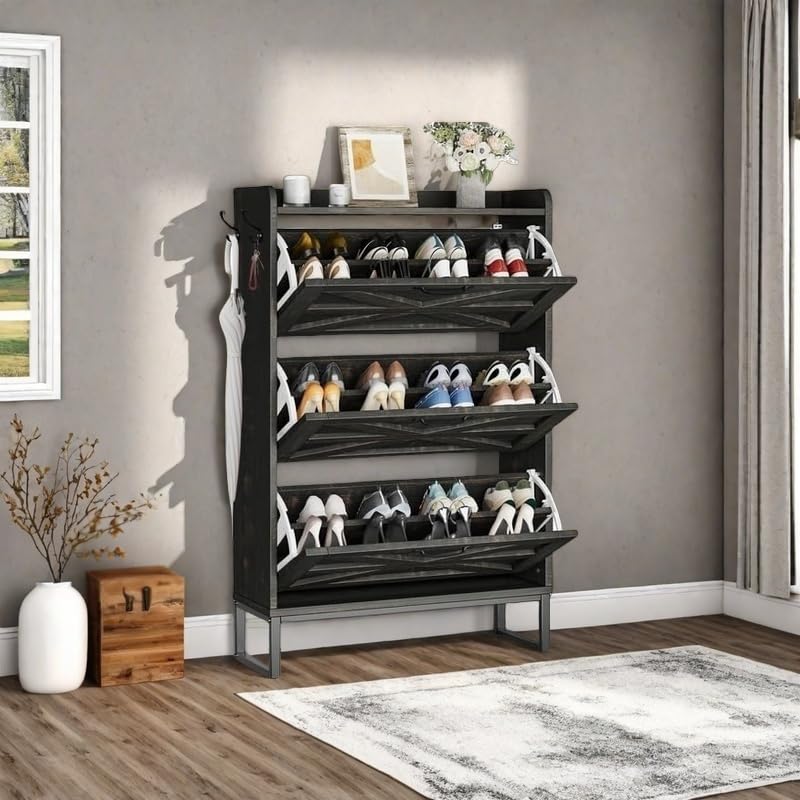 DWVO Farmhouse Shoe Storage Cabinet with 3 Flip Drawers, Slim Shoe Cabinet for Up to 24 Pairs, Narrow Shoe Rack for Entryway, Living Room, Hallway (Dark Rustic Oak)