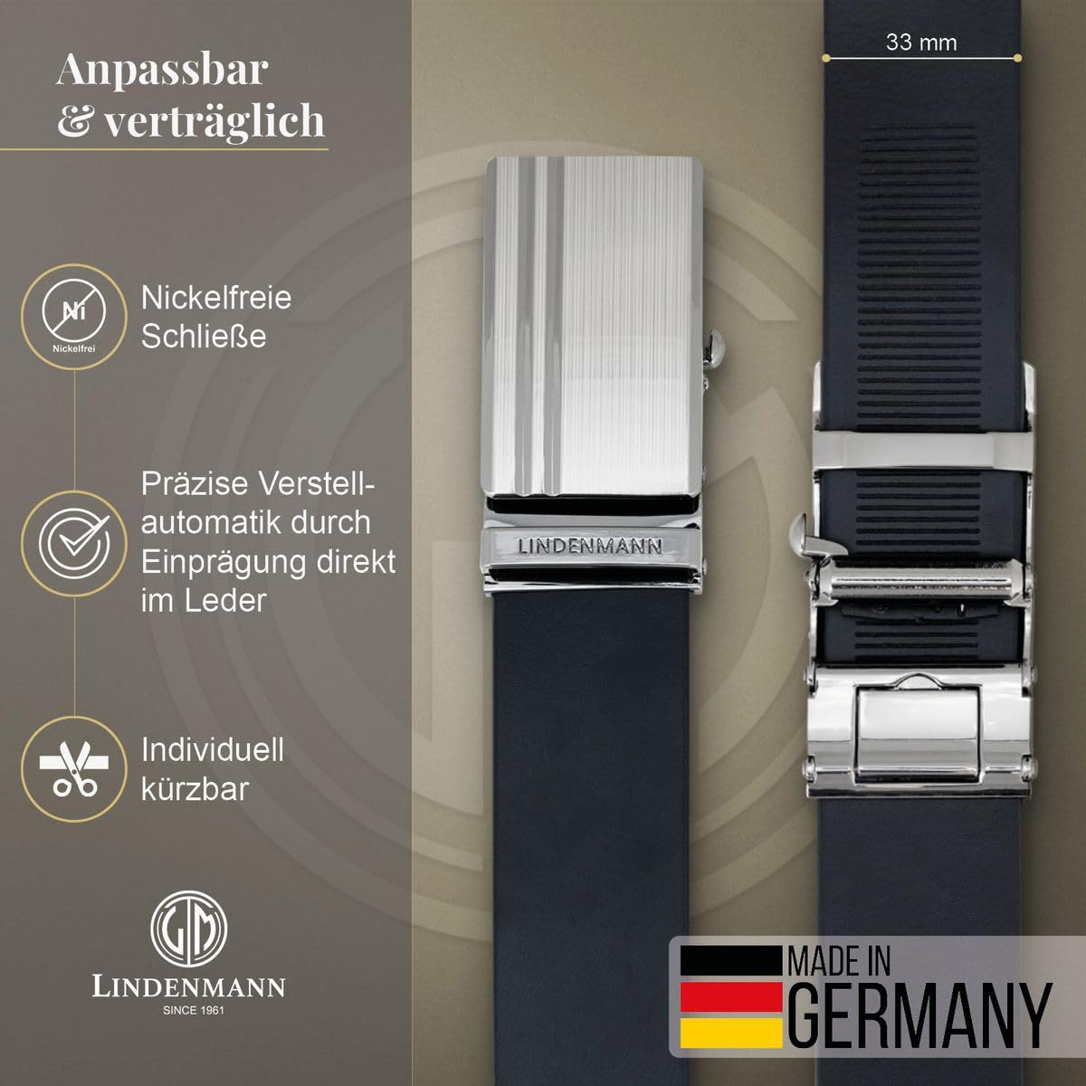 LINDENMANN Herren Automatikgürtel in Schwarz, 35 mm, Rindsleder, mit Automatikschließe, stilvoller Gürtel für Business, Chinos und gepflegte Alltagslooks