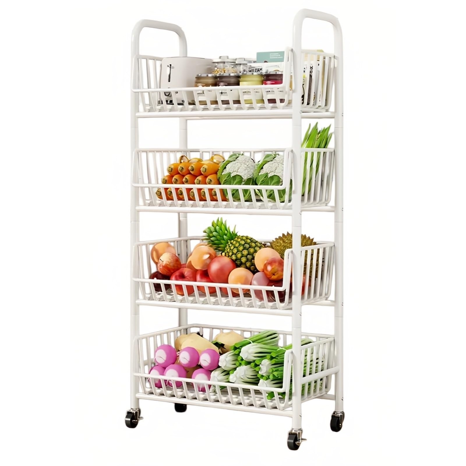 ZYYANSHOP Kitchen Storage Cart 4-Tier Rolling Produce Cart Movable Kitchen Fruit and Vegetable Basket Storage Shelf(White,Small)