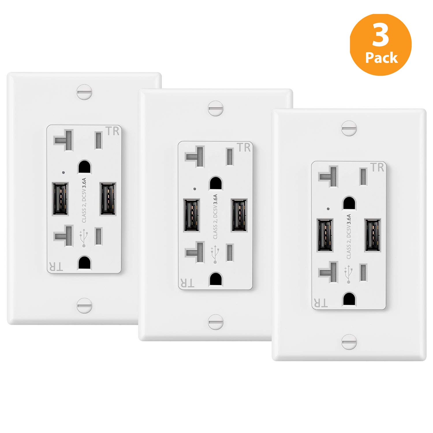 3 Pack - ELECTECK UL 3.6A USB Wall Outlet, 20A Tamper-Resistant Receptacle with Dual Type-A Charging Ports, Stable Wall Charger, White