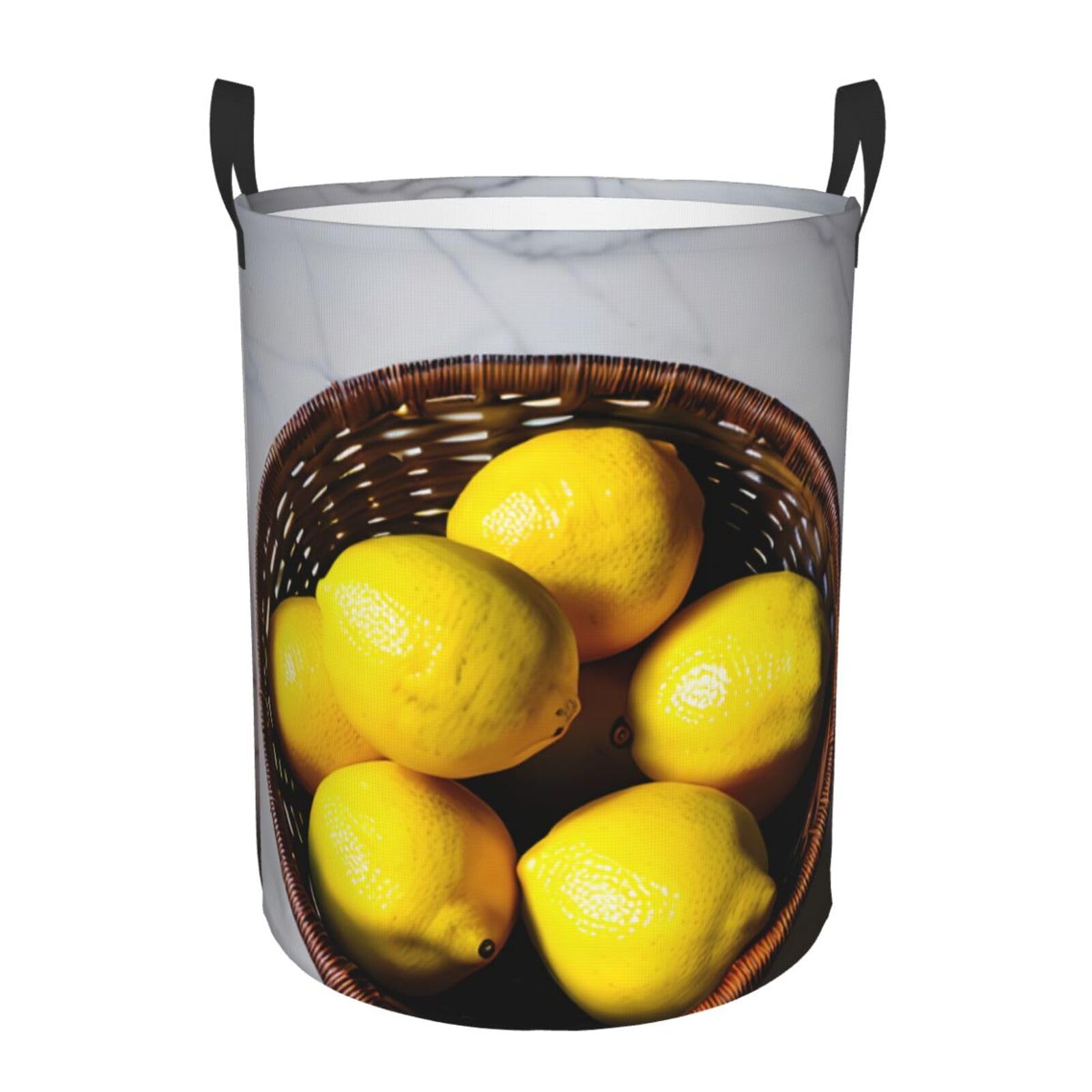 S Collapsible Round One Basket Lemons Print Laundry Hamper