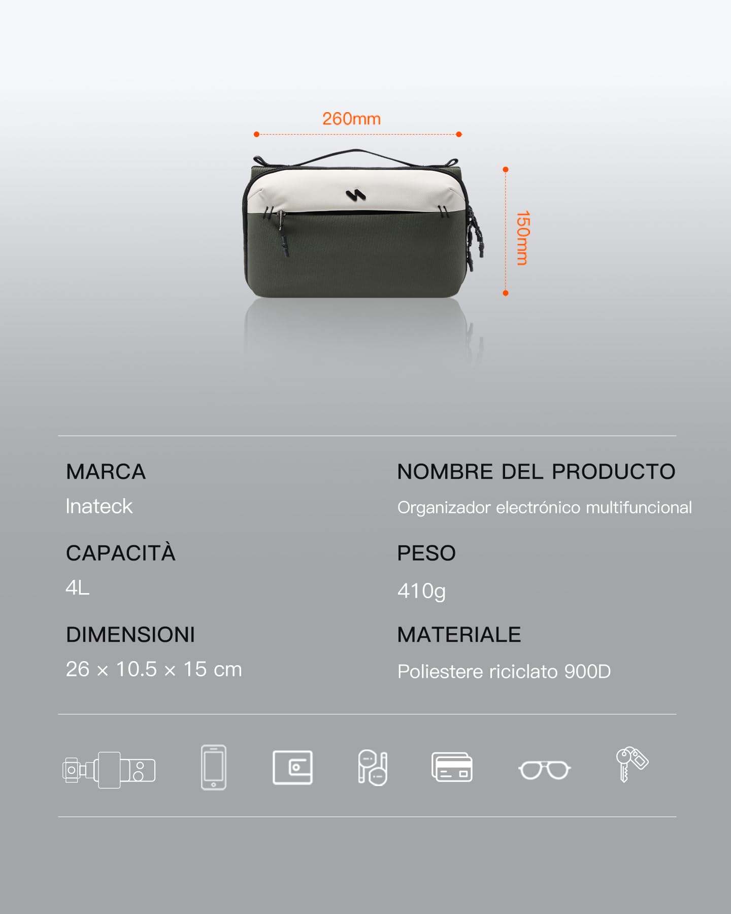 Inateck Organizador Electrónico Multifuncional, Bolsa de Accesorios, Cargadores, Auriculares, Ideal para Viajes, Desplazamientos y Más, Oliva