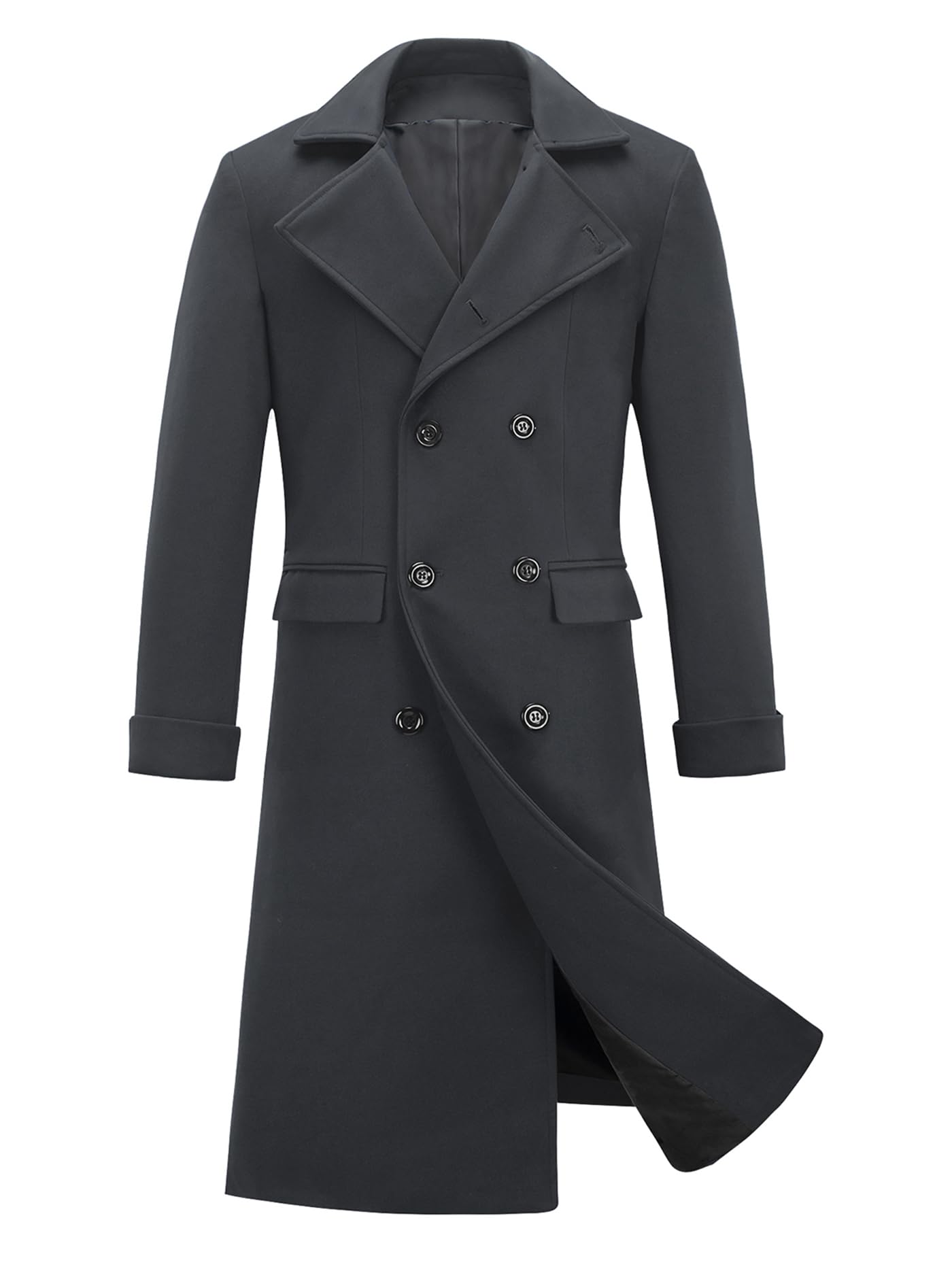 INVACHI Men's Wool Blend Long Trench Coat Notched Collar Single Breasted Overcoat Warm Winter Pea Coat