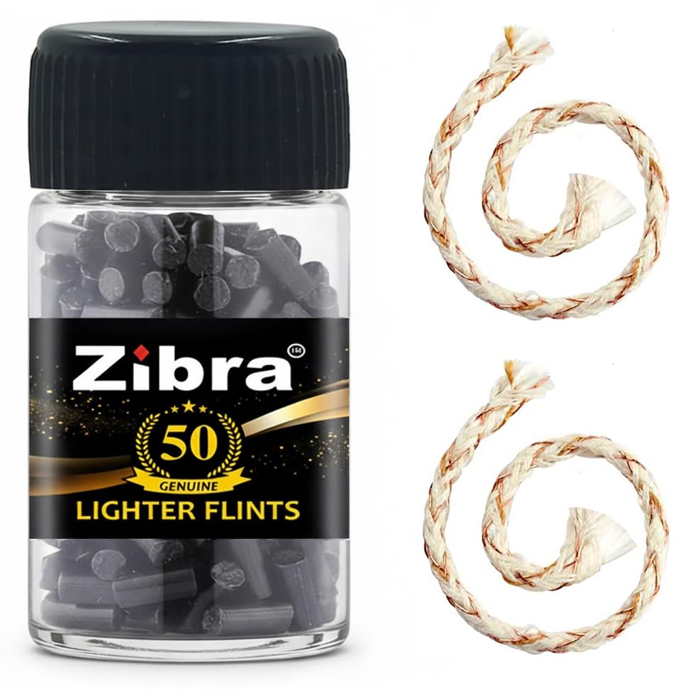 Image of Zibra Universal Lighter Flint Stone Black 50 with Free 02 Wicks I Genuine Lighter Flint Pellet I Strong Spark Fire Starter Replacement Flint I Compatible with Zippo, Clipper & Other Wheel Lighters