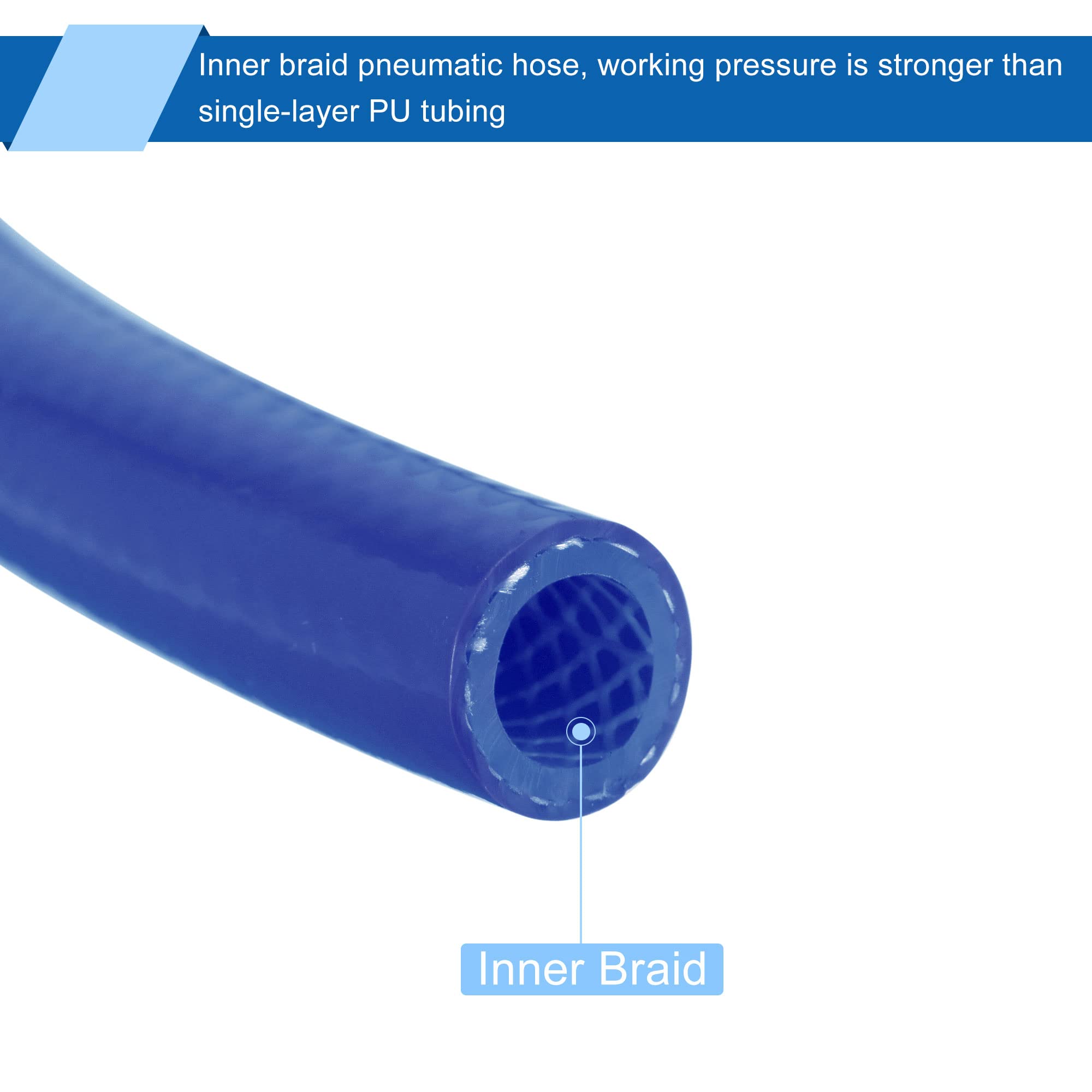 Tuyau d'air pneumatique Tube tressé en PU 8mm(5/16 '') IDx12mm(15/32'') ODx16.4Ft Bleu pour compresseur d'air, Transport de Liquide