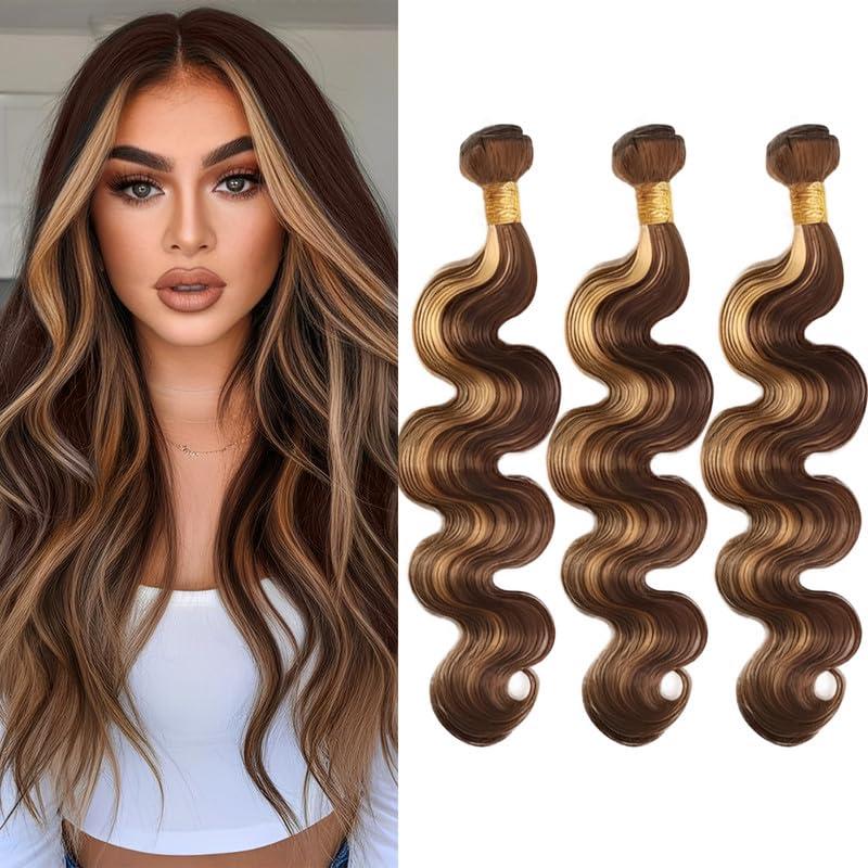 Body Wave Bundles Human Hair 26 28 30Inch Blonde Highlight Bundles Brazilian Virgin Hair Weave 3Bundles Hair Deal（Brown and Blonde #P4/27）