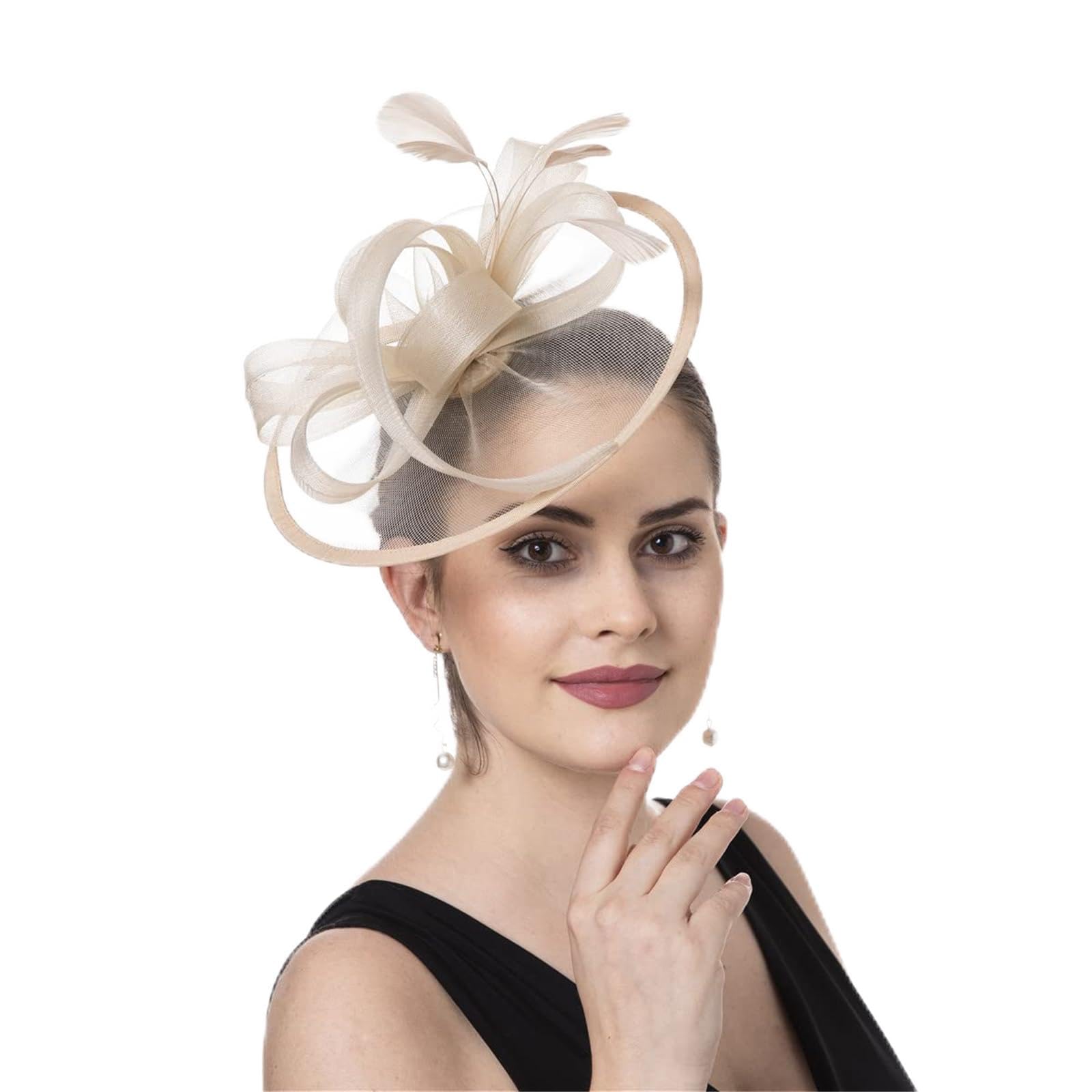 YPREWY Feathered Headpiece Breathable Fascinator Hat with Headbands and Clip for Themed Event Cocktail Wedding Costumes Elegant Bridal Fascinator Veil Champagne