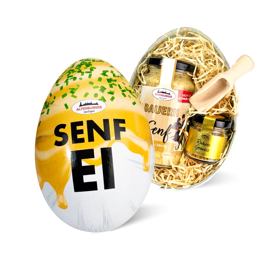 Geschenkset Senfei gefüllt mit Senf, Rühreigewürz, Gewürzschaufel - Als Geschenkidee für Ostern, Weihnachten, Geburtstage und Senf-Fans